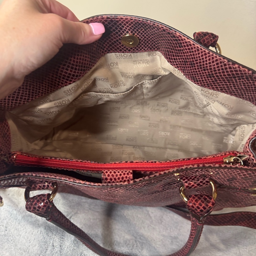 Michael Kors Large Red & Black Python Embossed Leather Satchel - Gold HW - Picture 14 of 16